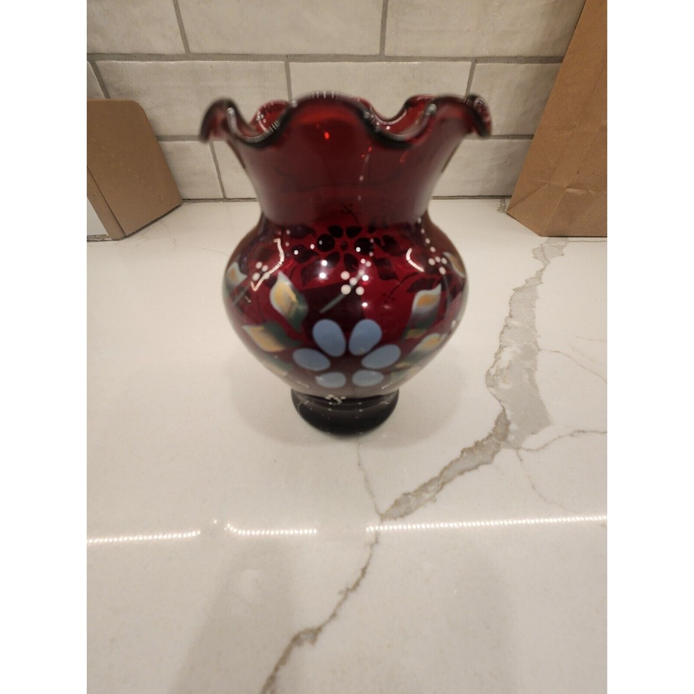 Vintage Anchor Hocking Royal Ruby Hand Painted Bud Vase With‎ Flowers 4 Inches